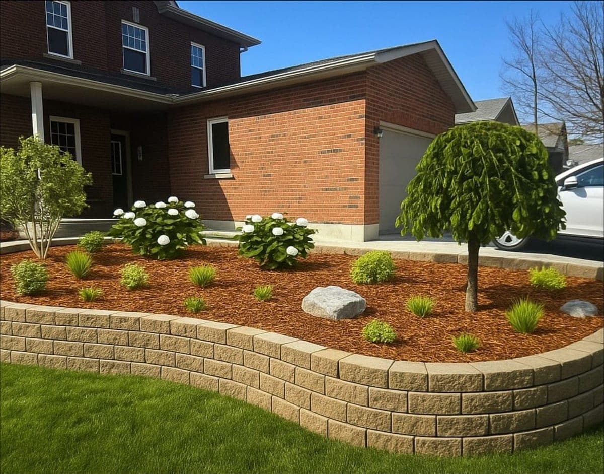 Curved segmental block retaining wall creating a raised front-yard garden bed with fresh mulch and shrubs
