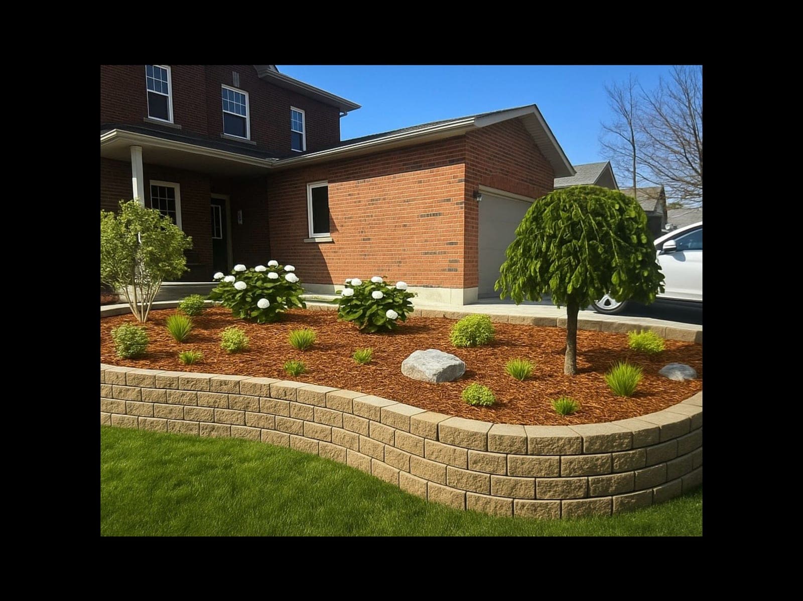 Curved segmental block retaining wall creating a raised front-yard garden in London, Ontario