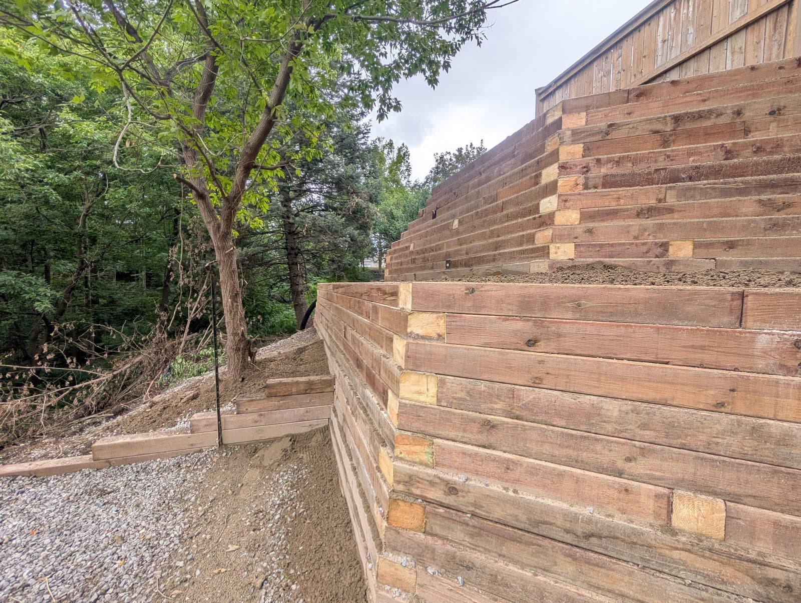 Stepped-back terraced timber retaining wall rising up a landscaped backyard slope