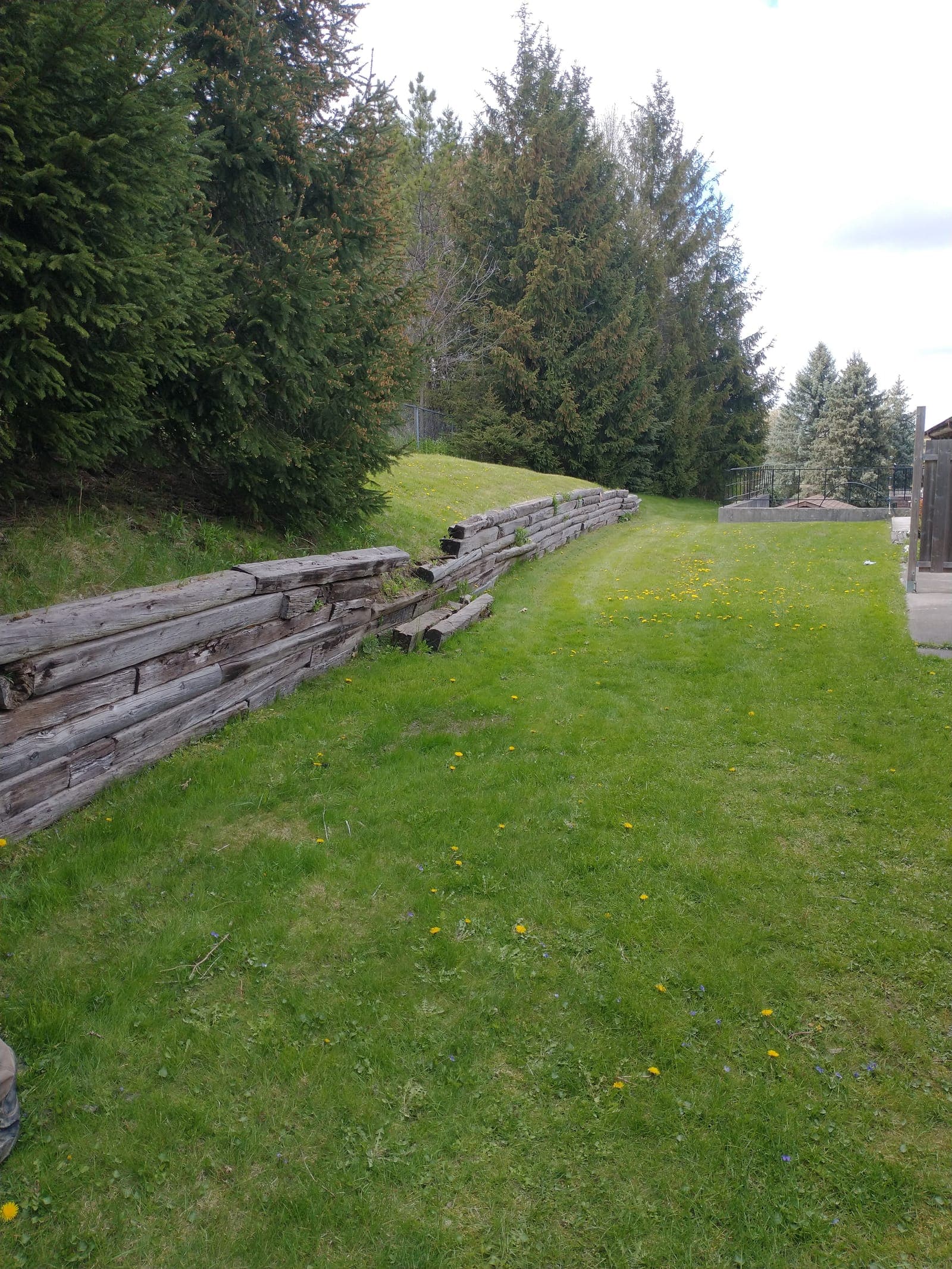 Weathered timber retaining wall holding back a grassy slope beside a landscaped lawn