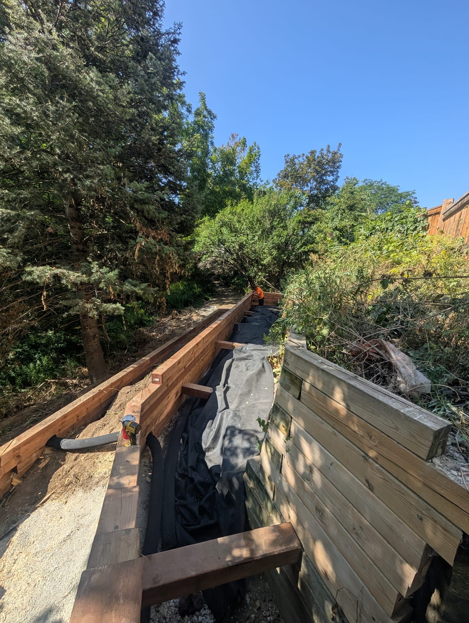 Timber retaining wall with deadman tiebacks and drainage fabric during construction